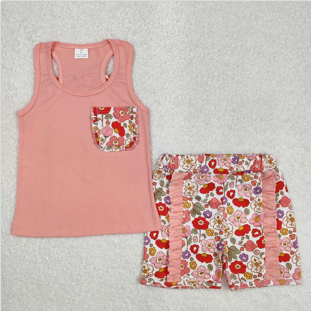 

Wholesale Baby Girl Summer Set Short Sleeves Pink Vest Shirt Flowers Shirt Toddler Kid Short Clothes Outfits For Children