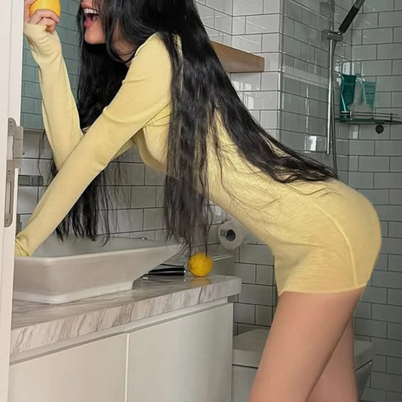 BKLD Vitality gele mini bodycon-jurk micro-transparante ronde hals lange mouw hoge taille trui casual vakantiestijl jurken