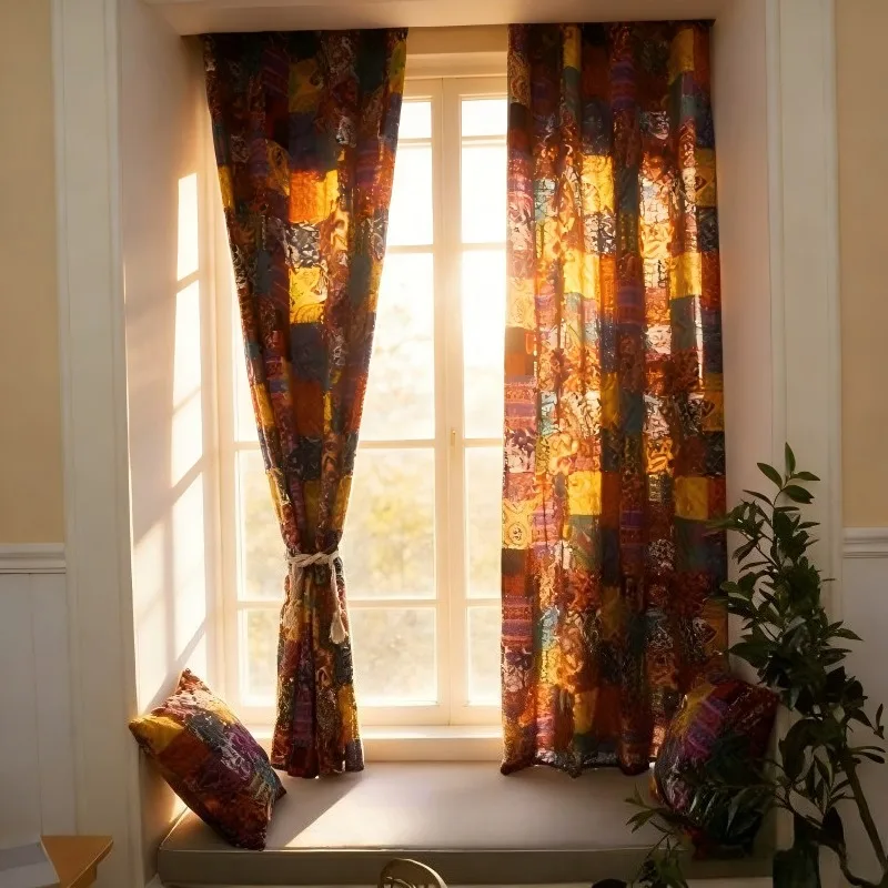 Bohemian Vintage Ethnic Style Curtains Cotton Linen Fabric Half Blackout Living Room Short Curtain For Living Room Bedroom Decor