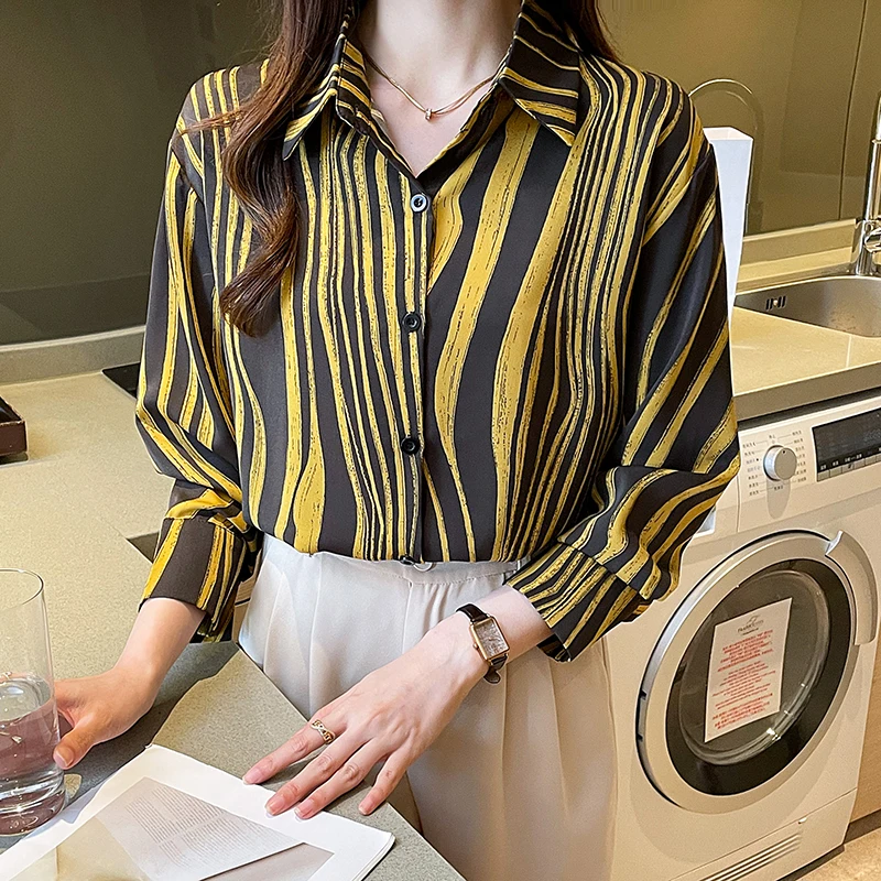 Women Spring Simplicity Loose Temperament Striped Chiffon Polo-Neck Long Sleeve Shirts Women Clothes Casual All-match Trend Tops