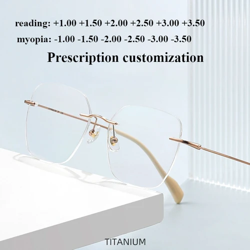 Imagen 1 del producto Gafas ultraligeras sin marco de titanio puro polígono anti-azules de montura grande para miopía gafas de lectura personalizadas