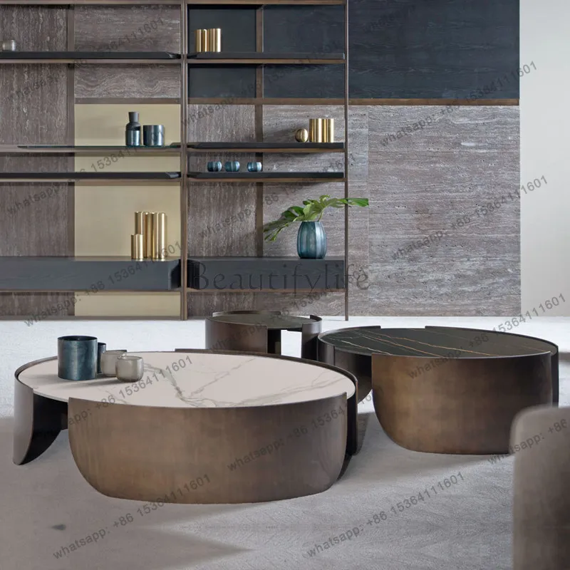 

Italian light luxury rock slab coffee table side table high and low combination table stainless steel