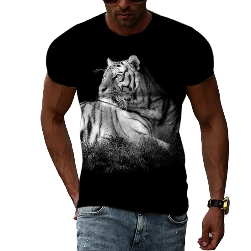 Fashion Handsome Animal Tiger Print Men T-shirt Summer Trend Casual Personality Hip Hop Street Style O-neck Short Sleeve T-shirt