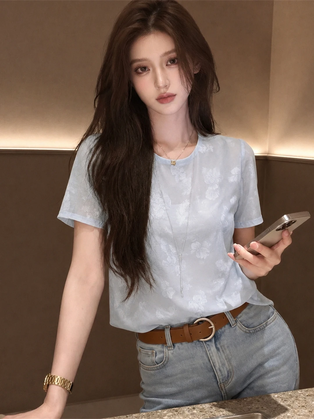 

Korean Style Sweet round Neck Short Sleeve Women's T-Shirt Overhead Slim Fit Summer Fashionable Casual Comfortable Top