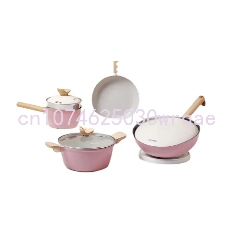 Juego de olla antiadherente, wok de piedra médica, sartén de leche, sartén, Juego de 4 piezas rosa