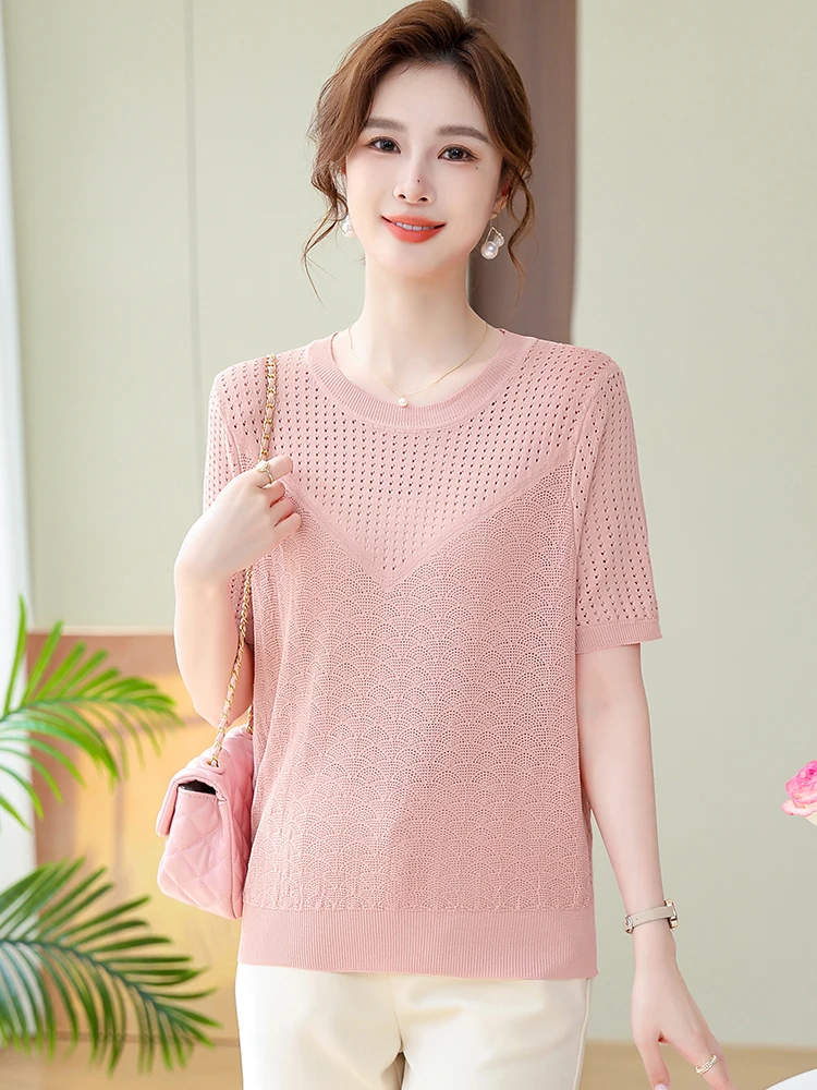 

Summer Knitted T Shirt Women Pullovers Clothes High Quality Tees Top Short Sleeve Casual Women's T-shirt