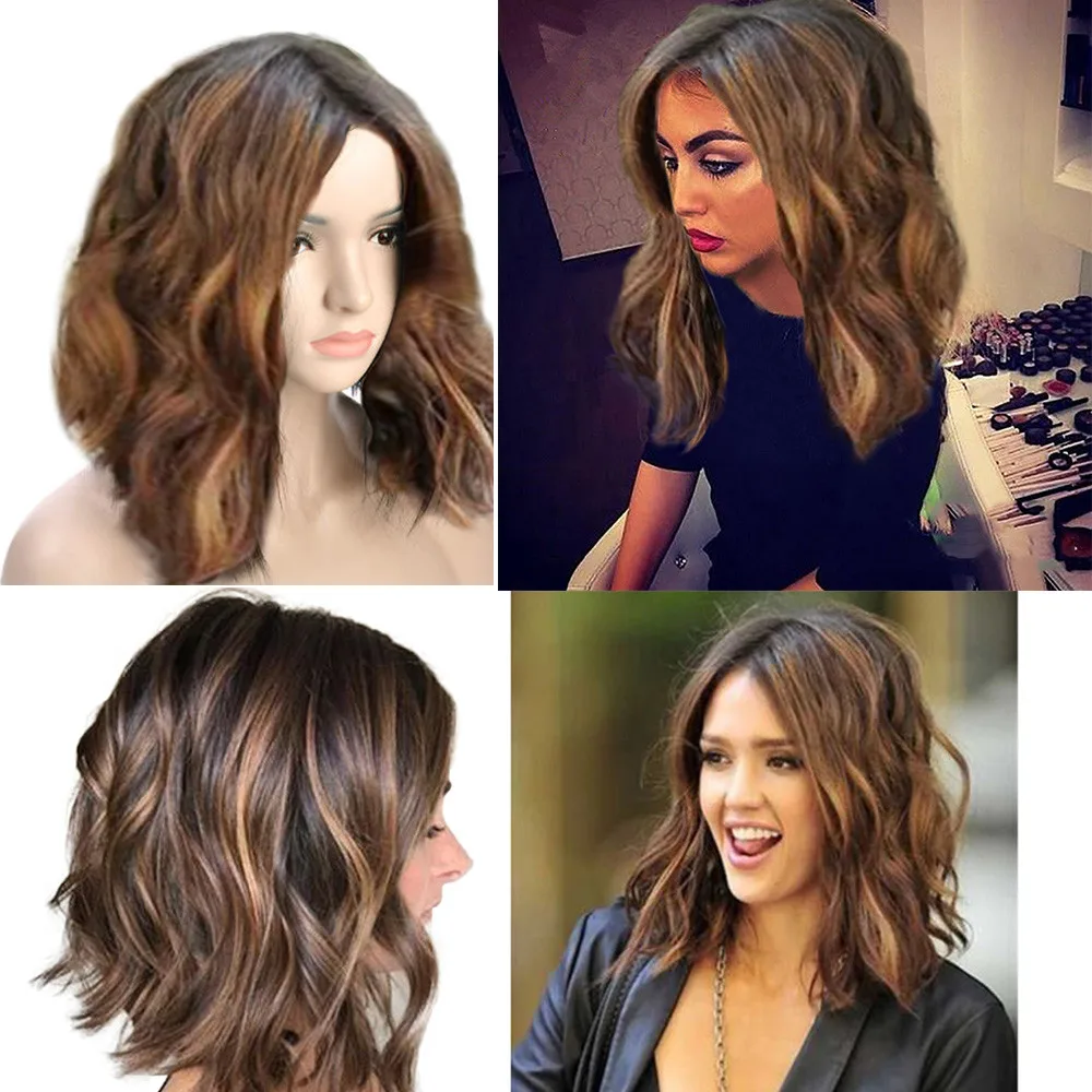 Brown Gradient Curly Synthetic Wigs Shoulder Length Wave Bob Hair Wigs Middle Part Natural Hairline Wig High Temperature Wire