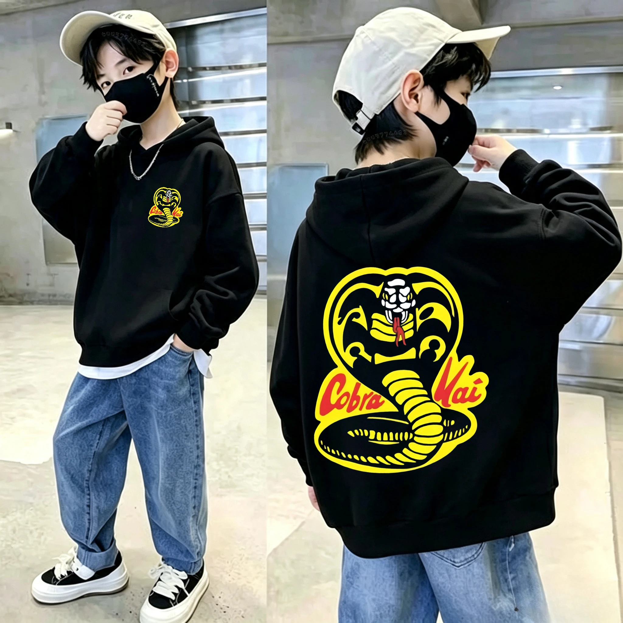 Autumn/Winter Snake-shaped Cartoon Print Children's Hooded Sweatshirt, Harajuku Casual Style, Loose Fitted Hooded Sweater