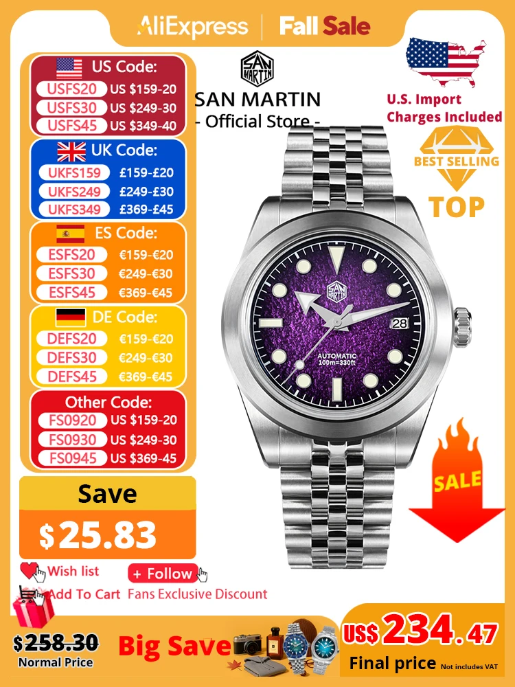 

San Martin New 39mm Sport Watch Enamel Dial NH35 Automatic Mechanical Men Dress Watch Sapphire Waterproof 100m Luminous SN0053