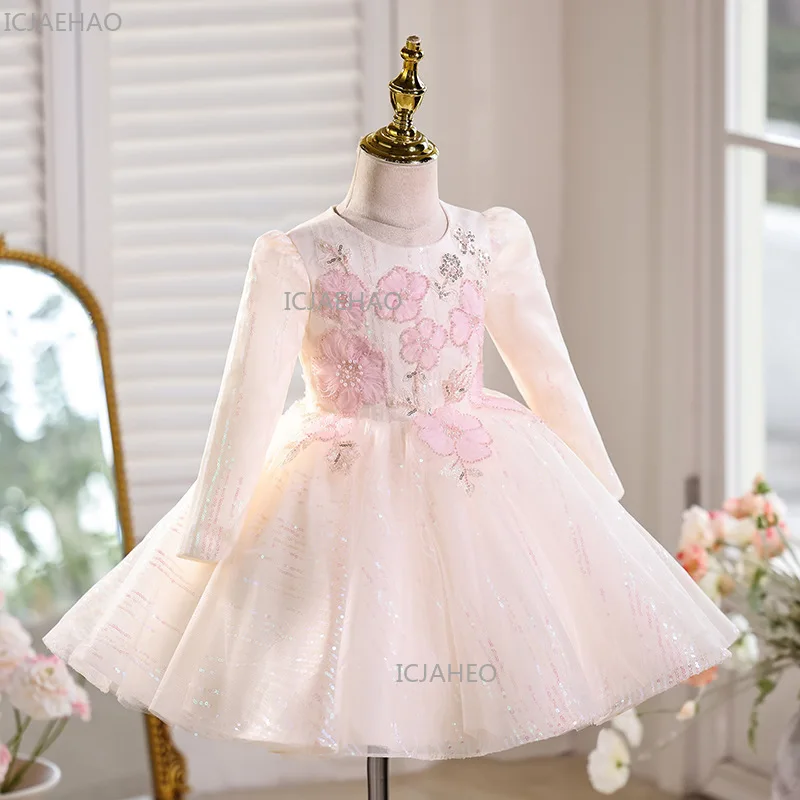 2026 New First Birthday Baby Princess Dress Kids Long Sleeve Gown Flower Girl Wedding Children Piano Competition Ramadan Eid