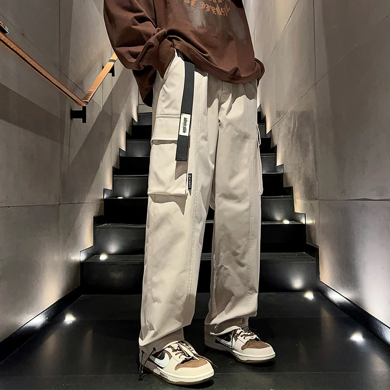 New Cargo Pants Men Loose Elastic Waist Solid Color Sporty Straight Leg Pant Japan Style Fashion Casual Basics Joggers Male