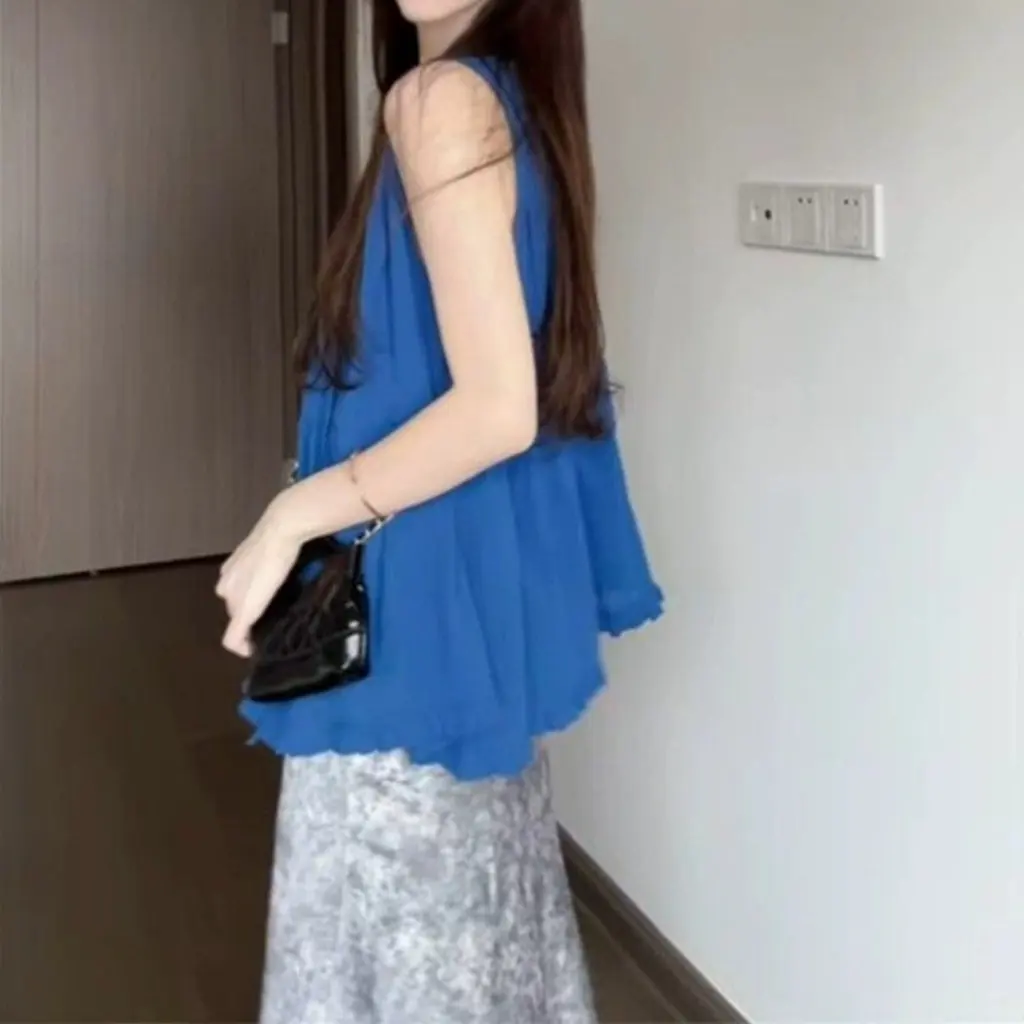 

Blue Korean Style Camisole Women's Summer Gentle Design French Lazy Outer Wear Sleeveless Top Small Sense