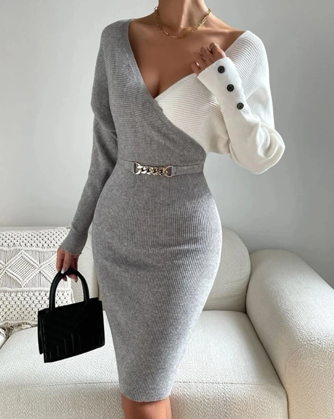 

Elegant Slim Fit Women's Dress 2023 Fashion Color Block Button Decoration V Neck Long Sleeve Knitted Dress Skinny Long Dress