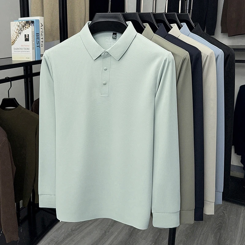 

2025 new men's long sleeved polo shirt with solid color collar, business casual middle-aged top, T-shirt