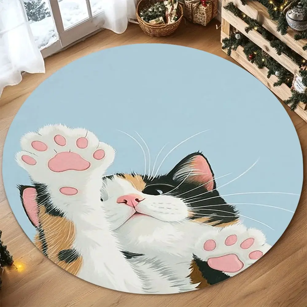 Cute Kitten Paw Printed Round Area Rug, Creative Cat Footprint Pattern Circular Floor Mat for Living Room Bedroom Home Decor