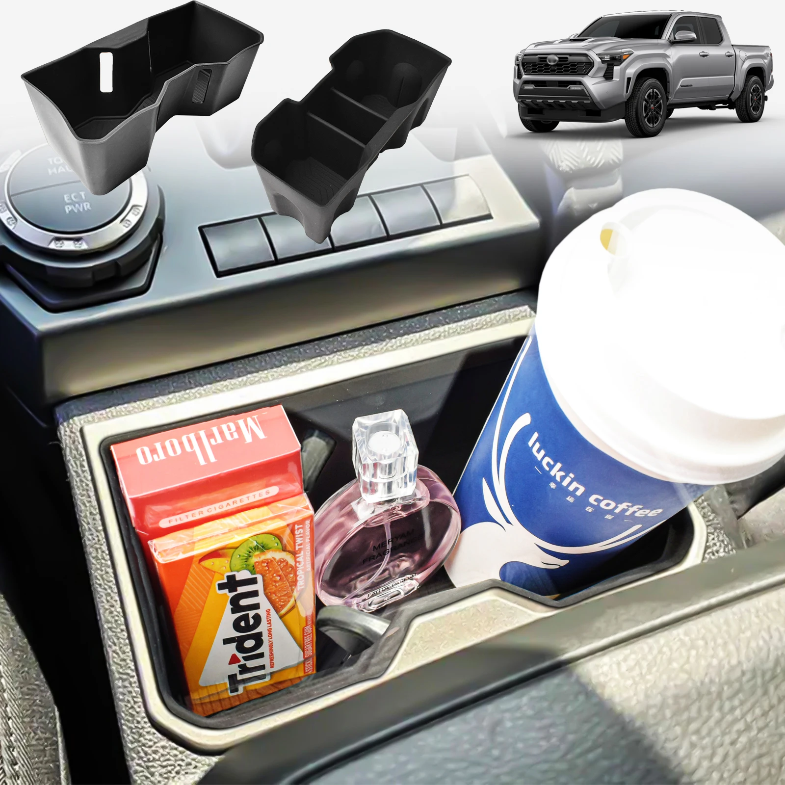 

Cup Holder for Toyota Tacoma 2024 Center Console Tray Water Coffee Holder Front Rear Car Organizer Armrest Storage ABS Car Box