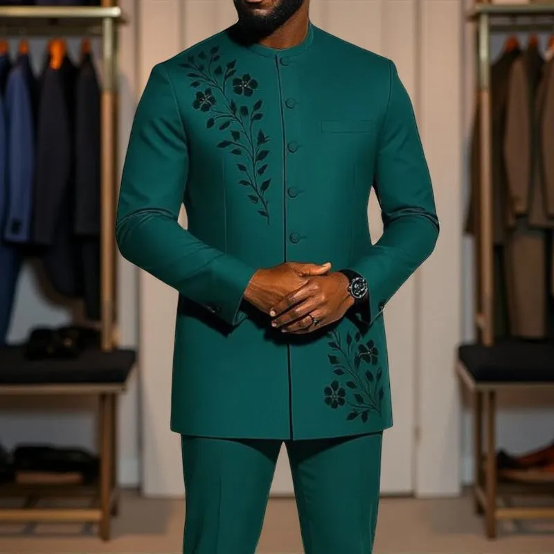 Single Breasted Men Suits Chinese Modern Style Beads Floral Fashion Jacket with Pants 2 Pieces Formal Wedding Tuxedo view 5