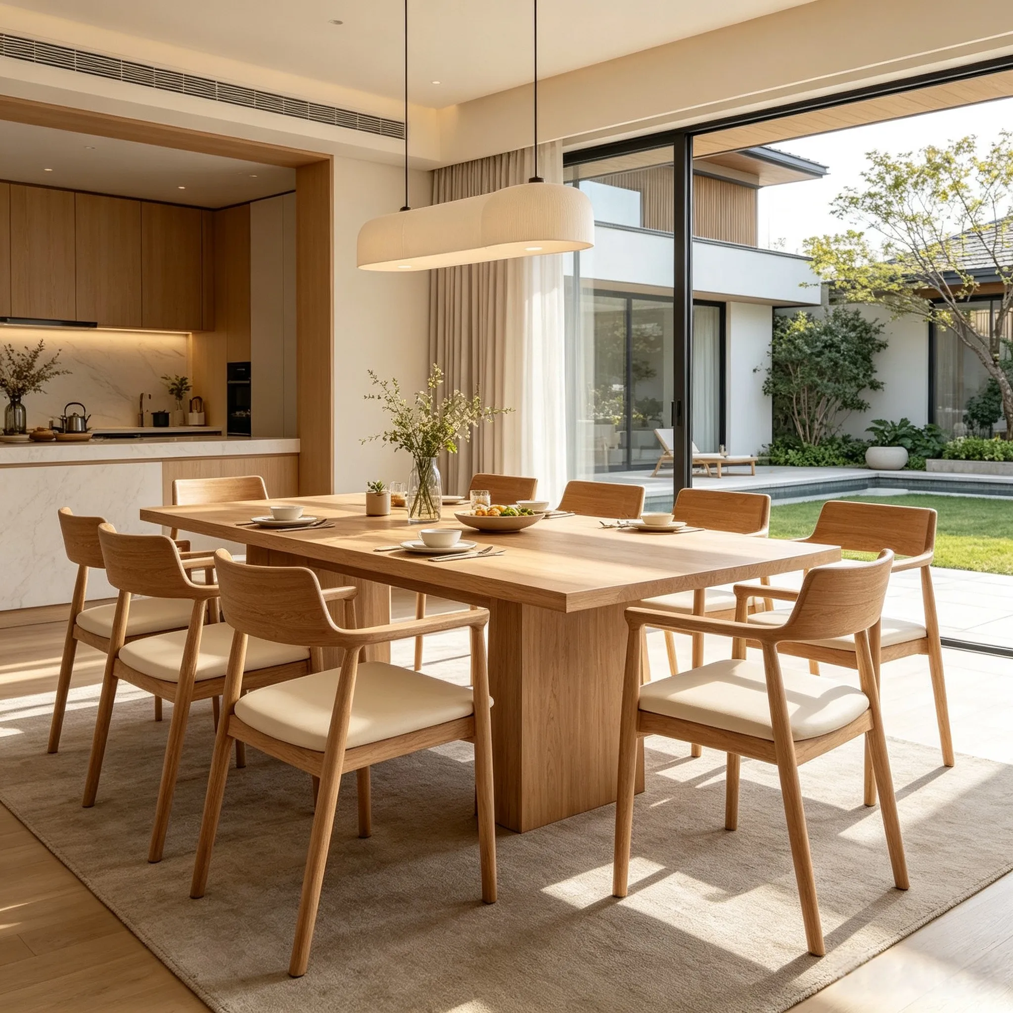 Home Office Japandi - เก้าอี้รับประทานอาหารไม้เนื้อแข็งสไตล์โมเดิร์นแจปันดี้ เบาะนั่งหุ้มหนังนัปปะ เก้าอี้มีที่วางแขนแบบมินิมอล สำหรับวิลล่าหรู โฮมออฟฟิศ เป็นมิตรต่อสิ่งแวดล้อม