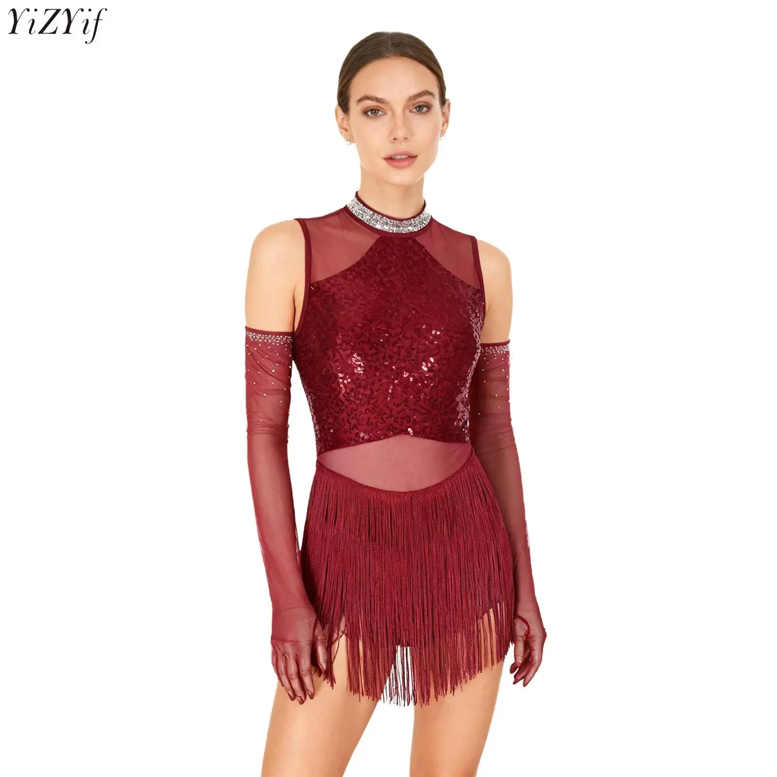 

Womens Latin Tango Dance Dress Glittery Sequins Mesh Splice Fringe Dance Leotard Dress with Gloves Rumba Cha-Cha Samba Dresses