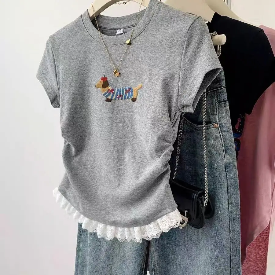 

Grey Lace Trimmed Puppy T-shirt Women Summer Korean Lace Splice Design Waist Pleated Cinched Short Sleeved Casual Top