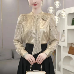 Autumn Winter New Fashion Half High Collar Long Sleeve Solid Bottoming Shirt Women's Clothing Sequined Korean All-match Chic Top