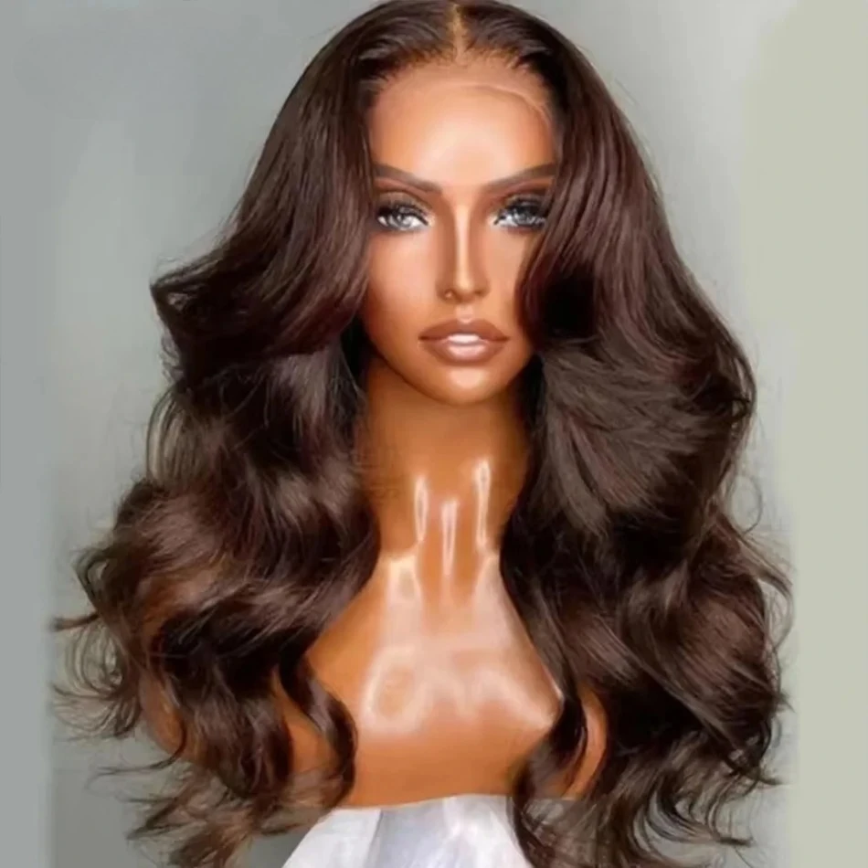 

Темно-коричневый парик с волнистыми волосами и прозрачной HD-основой 13x4, синтетический и смешанный кружевной парик для косплея, предварительно прорезанный, без клея, для женщин