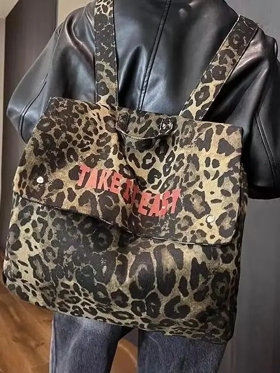 Cool Leopard Print Canvas Backpack Large Capacity Travel Bag Denim Fabric Student Bookbag Trendy Neutral Style Casual Leisure