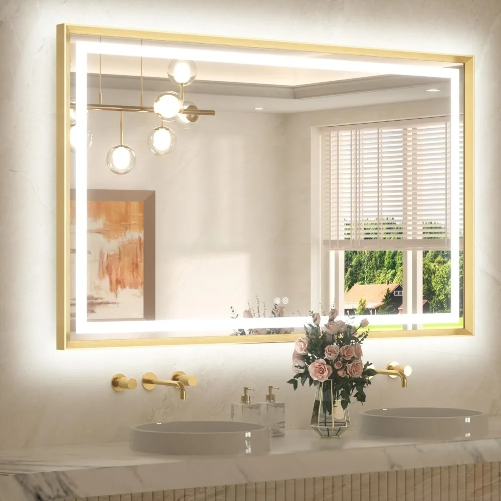 New upgrade - 55 x 36 Bathroom LED Mirror Brushed Gold Metal Frame Frontlit & Backlit Vanity Mirror Stepless Dimmable Anti Fog