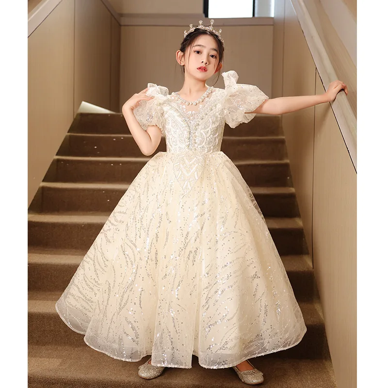 Champagne Girl's Dress2025New Style Puff Sleeve Puffy Gauze Princess Dress Children's Piano Performance Dress