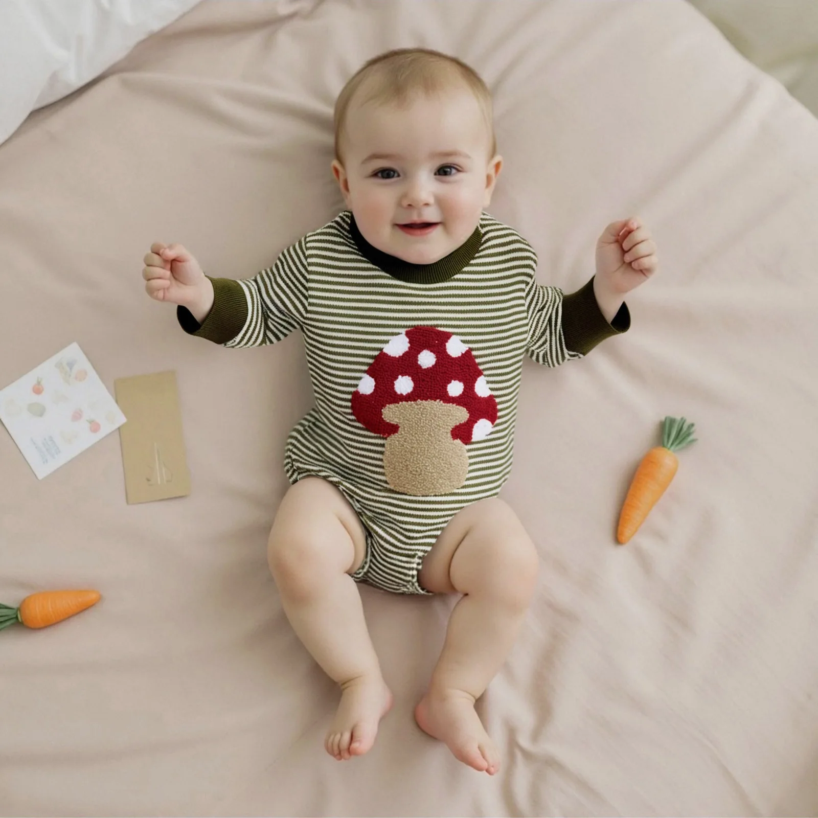 

2025 New Style 0-18M Baby Girls Boys Mushroom Terry Embroidery Striped Long Sleeve Triangle Bodysuit for Newborns Infant Romper