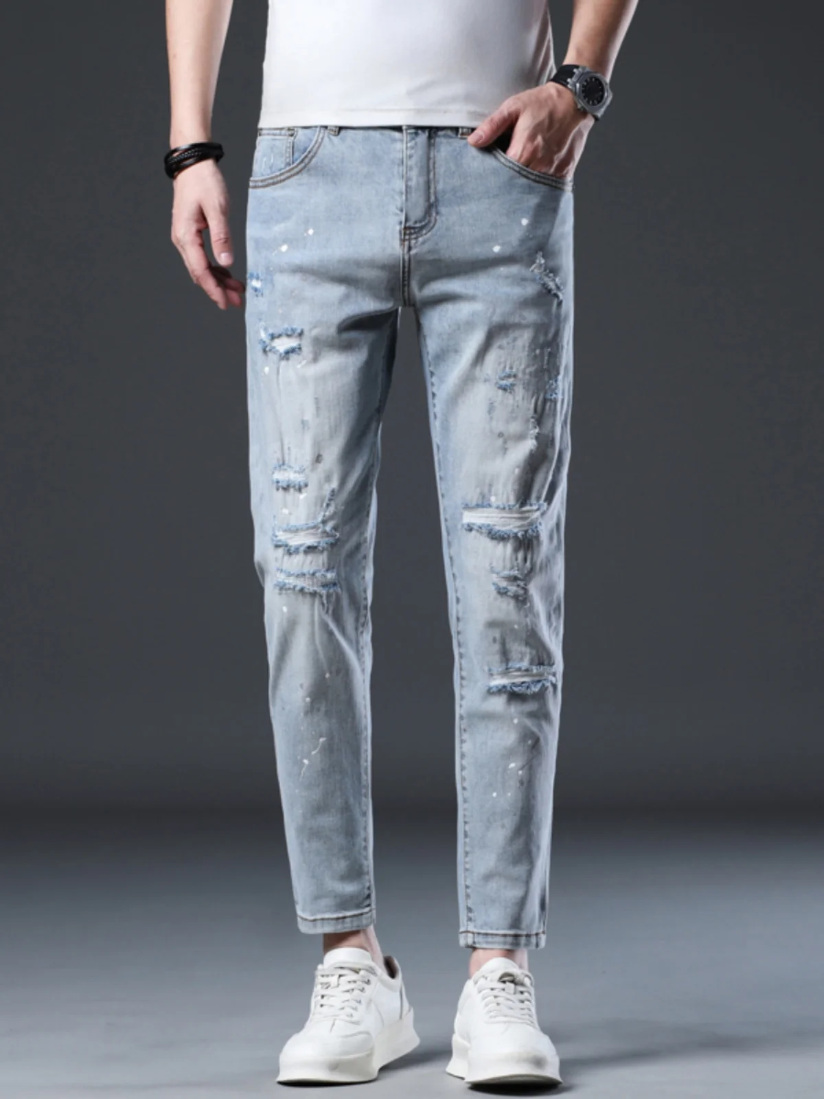 

High-End Vintage Nine-Piece Men's Jeans Trendy Elastic Slim Fit Casual Pants with Patchwork Worn-Denim Sle Youth Faion
