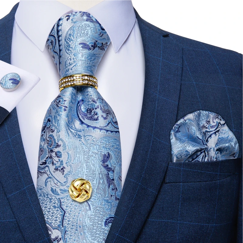 Luxury Designer Blue Paisley Silk Ties Gifts For Men Gold Metal Tie Tack With Chain Tie Ring Dropshipping DiBanGu