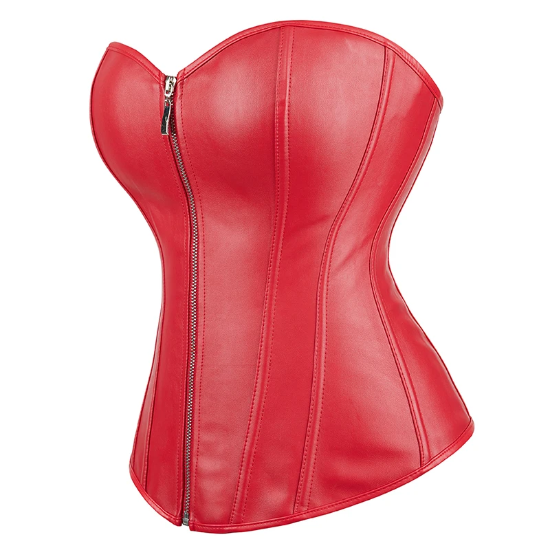 Black Red Mature Women Push Up Chest Binder Corsets Shapewear Synthetic Leather Corset Zip Top