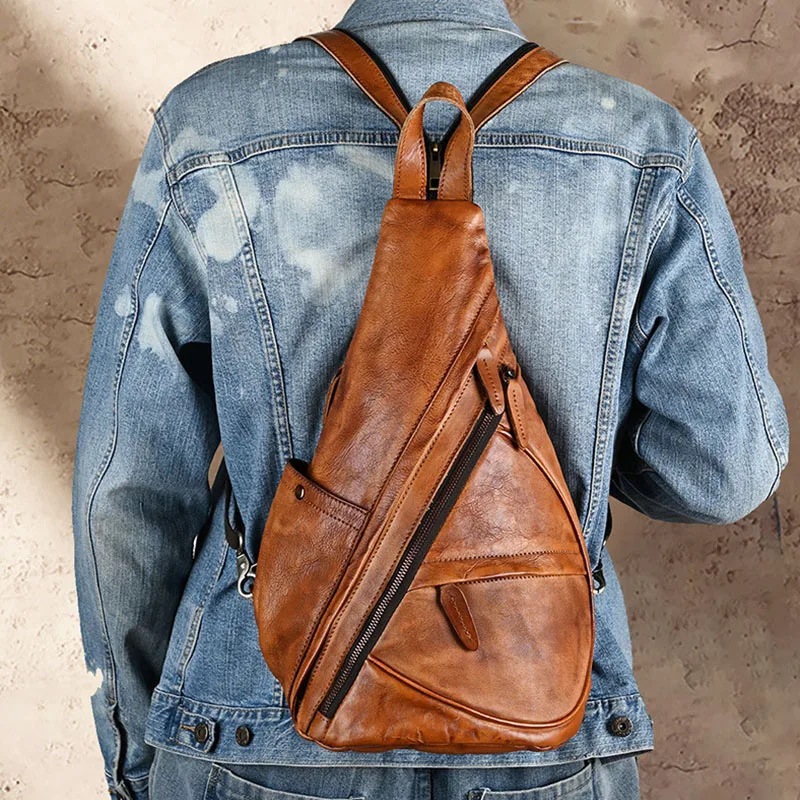 

Multi Carry Outdoor Daily Commuting Bag Distressed GenuineLeather Sling Backpack Adjustable Strap Retro Crossbody Chest Bags