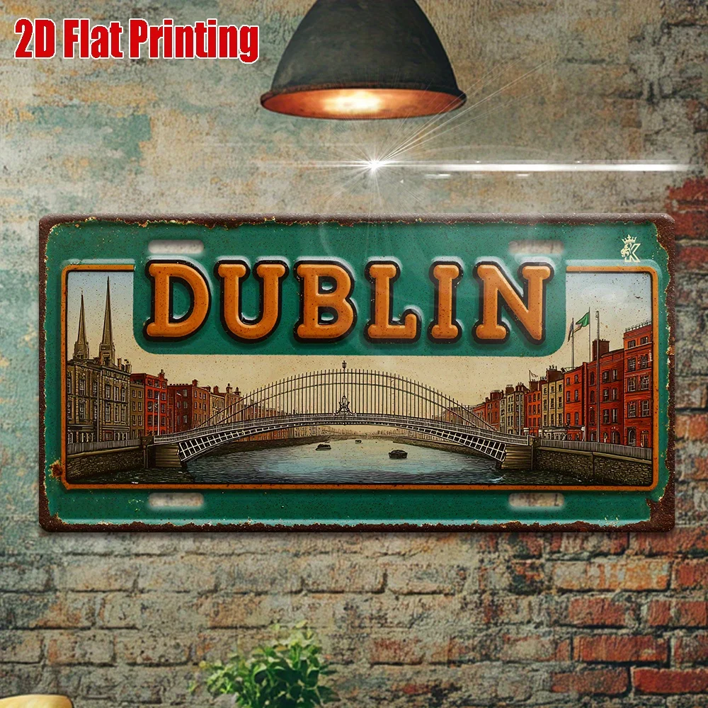 2D Flat, 1pc 2D Flat Poster - 1pc Dublin Vintage License Plate with O'Connell Bridge, Vintage Irish Cityscape Wall Decor for Ind