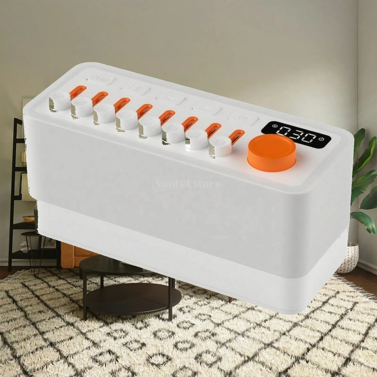 Alto-falante de ruído branco com iluminação RGB e controlo rotativo para criar um ambiente tranquilo no quarto.