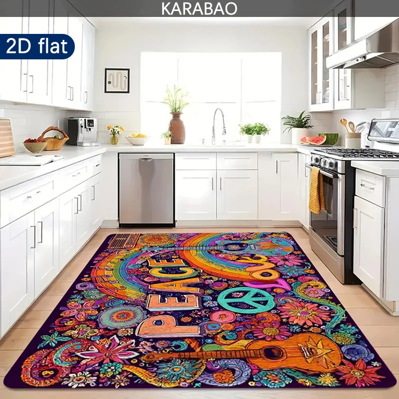 2D Flat, 1pc Hippie Bohemian Style Non-slip Floor Mat/Printed with Peace and Love Heart Patterns/60s-70s Vintage Design/Soft Fla