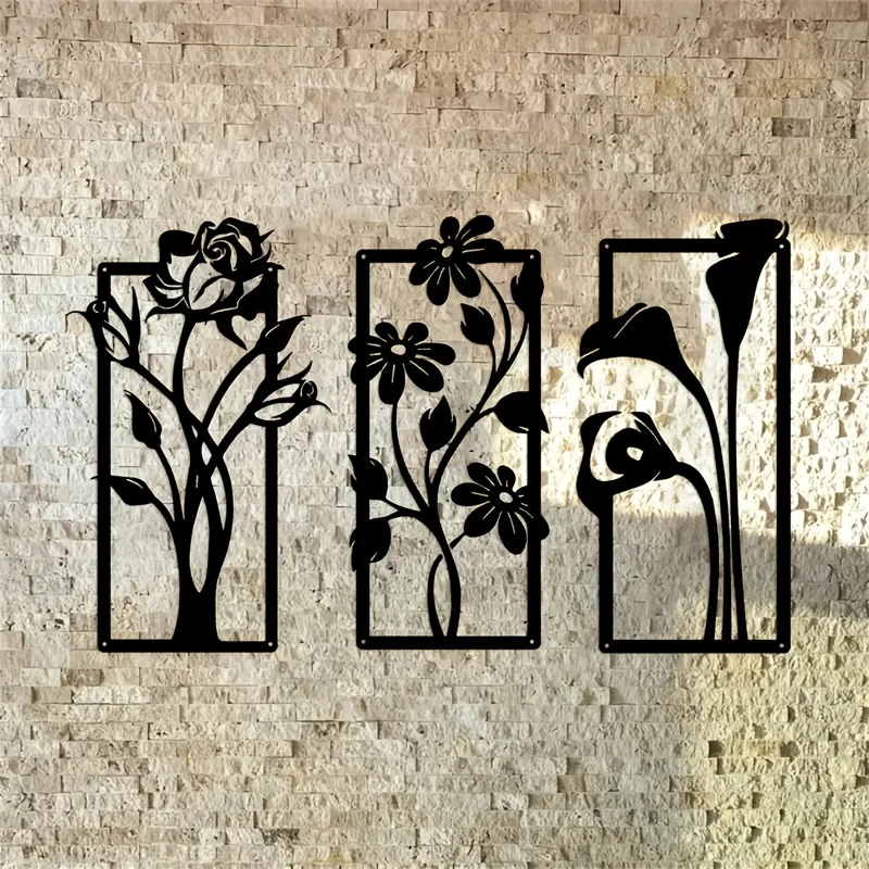 CIFBUY 3Pcs Metal Wall Art Floral Iron Plant Sculpture Vertical Horizontal Decor for Living Room Home Office Indoor Outdoor