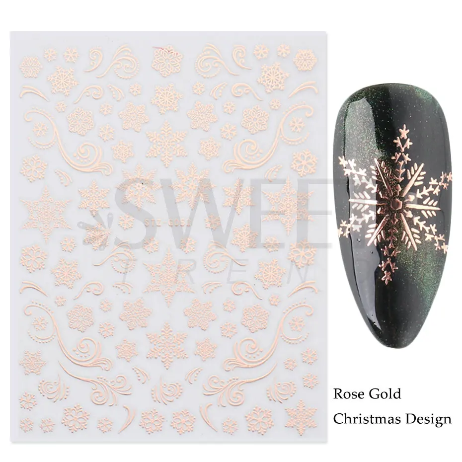 Rose Gold Christmas Nail Sticker Winter Holographic Snowflake Elk Tree Shine Glitter 3D Nail Decals Manicure Decoration BESTZ-G