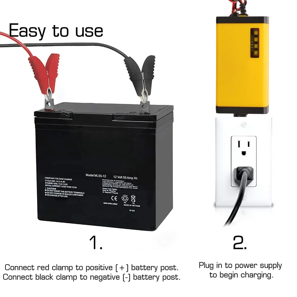 12V Smart Battery Charger LCD Display Power Display Battery Maintainer 2 Amp Multifunctional Motorcycle Battery Charger
