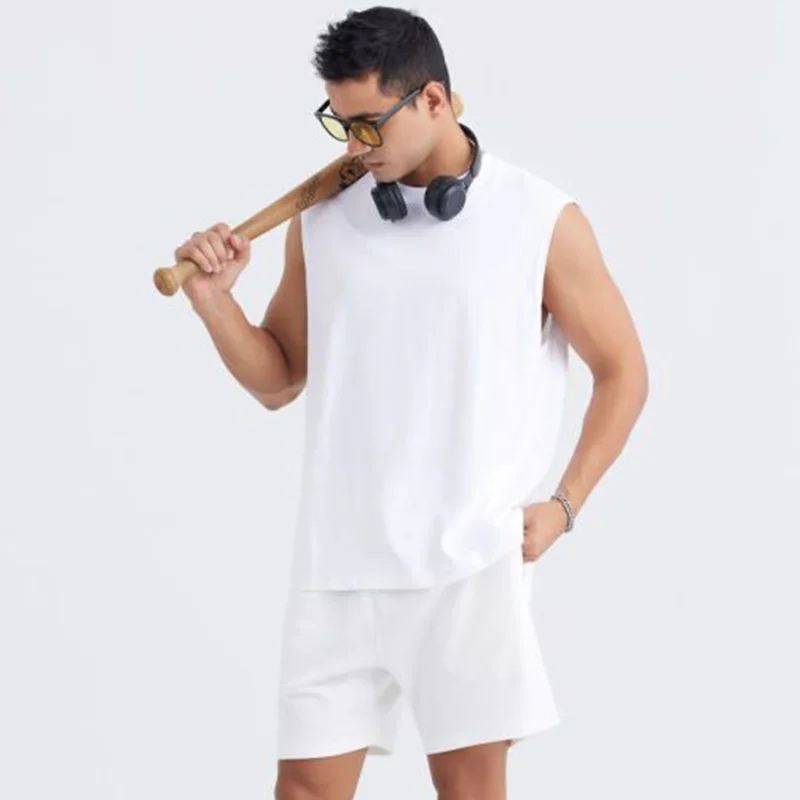 قميص رجالي صيفي بدون أكمام بدون أكمام ، بيج سادة ، بلوزات للركض واللياقة البدنية ، قميص رياضي ، طباعة شاشة ، تي شيرت ، قطن ، جودة عالية ،