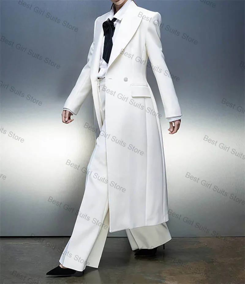 Witte vrouwen pak set 2-delige lange blazer broek herfst herfst dubbele rij knopen formeel kantoor dame jas aangepaste bruiloft broek