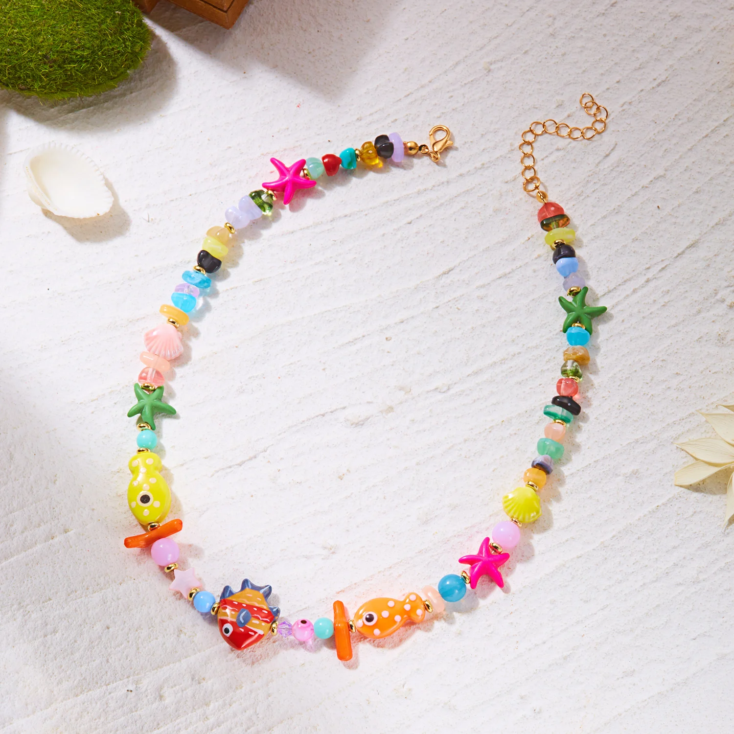 Beach Style Colorful Ceramic Fish Starfish Choker Necklace For Women Ocean Series Scallops Beaded Necklaces Vacation Jewelry