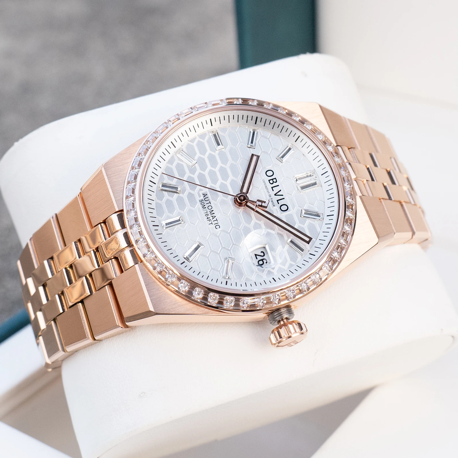 OBLVLO Excellent Men's Rose Gold Crystal Bezel Waterproof Mechanical Watch with Date Bracelet Automatic Vintage Watches RX-LD-D