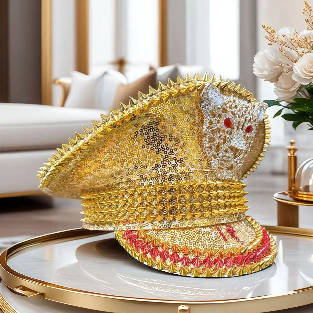 Czapka Kapitańska HongLuan z Żółtą Laserową Skórzaną Pętelką, Ozdobiona Cyrkoniami, Czapki Wojskowe dla Kobiet, Akcesoria na Festiwale Rave i Czapka Imprezowa dla Mężczyzn