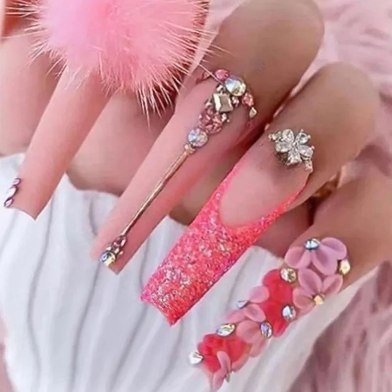 24Pcs Long Ballet False Nails with Rhinestone Pink Coffin Flower Design Fake Nails Wearable French Press on Nails Manicure Tips