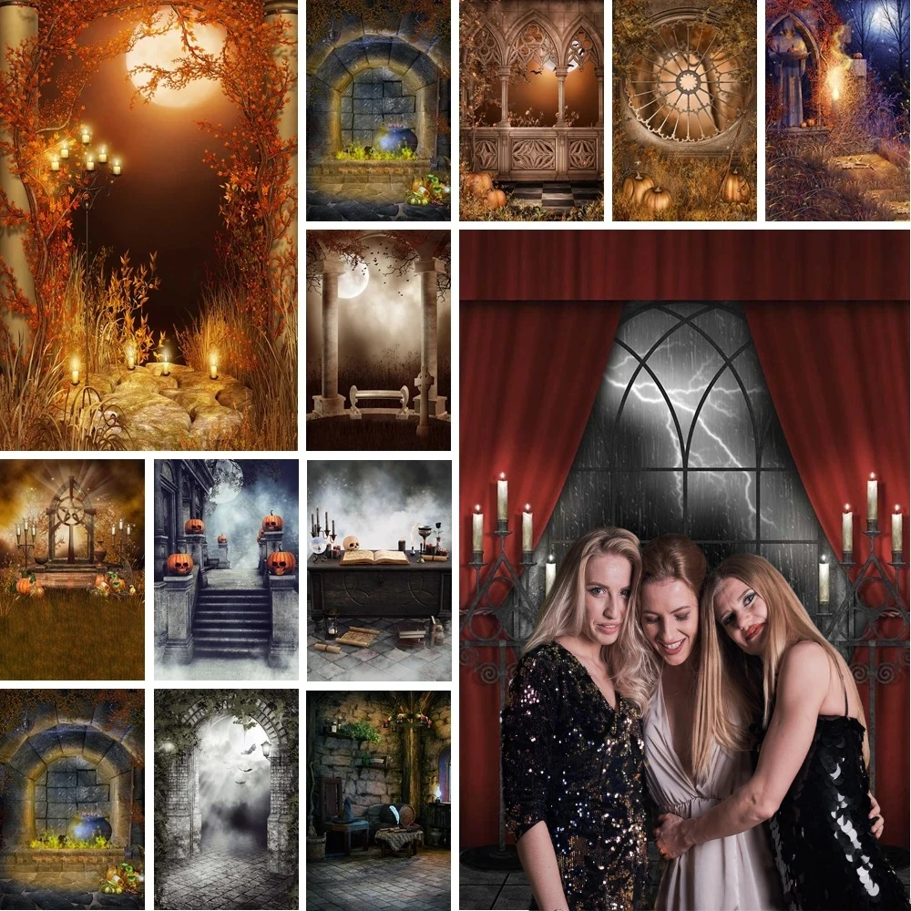 

MOON.QG Horror Halloween Photozone Background Backdrop Photography Photocall Dark Arch Window Castle Birthday Studio Supplies