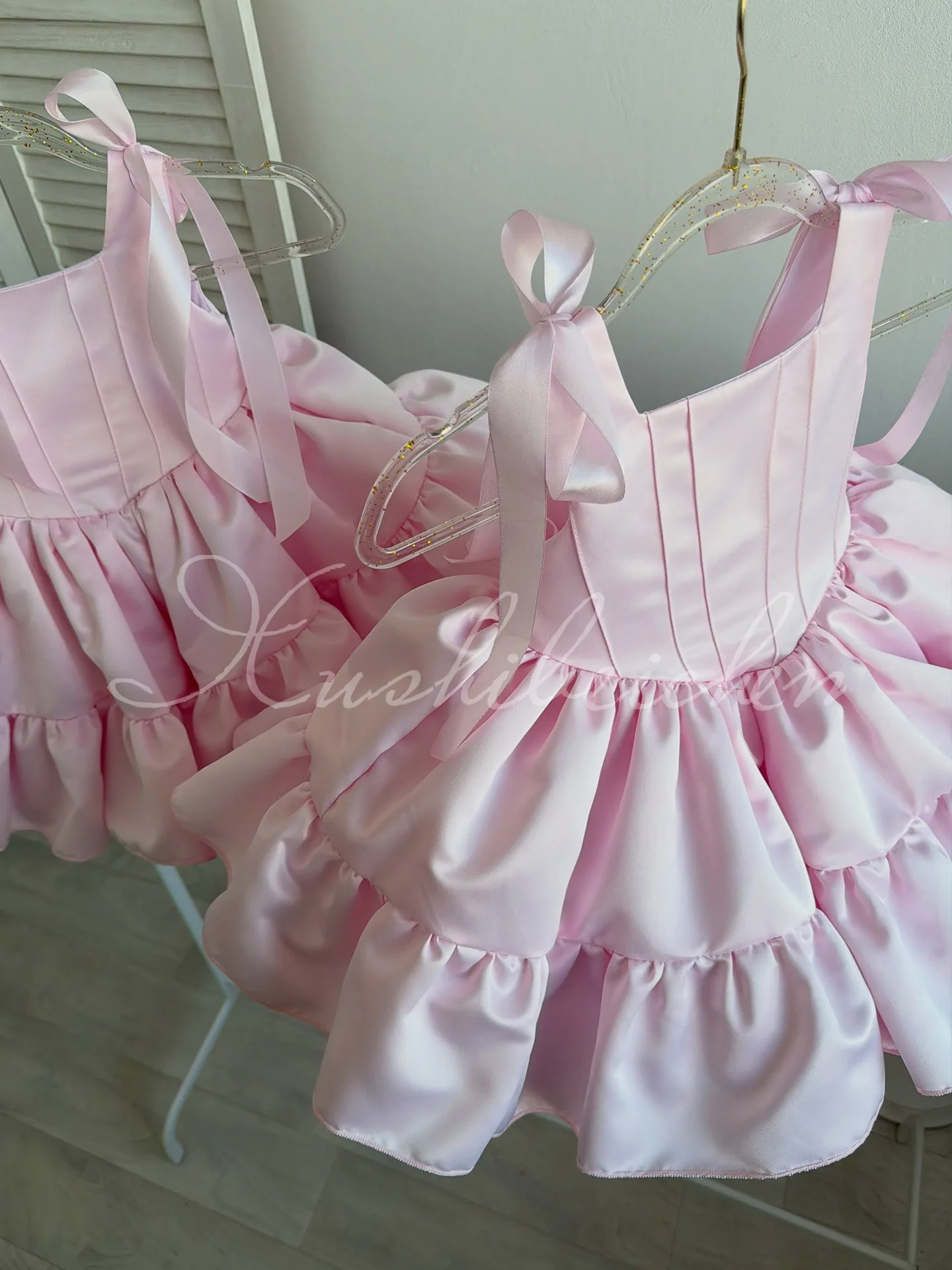 Pink Satin A-line Girls Dresses For Wedding Sling Kids Birthday Party First Communion Ball Gown Children's Costumes 1-12 Years