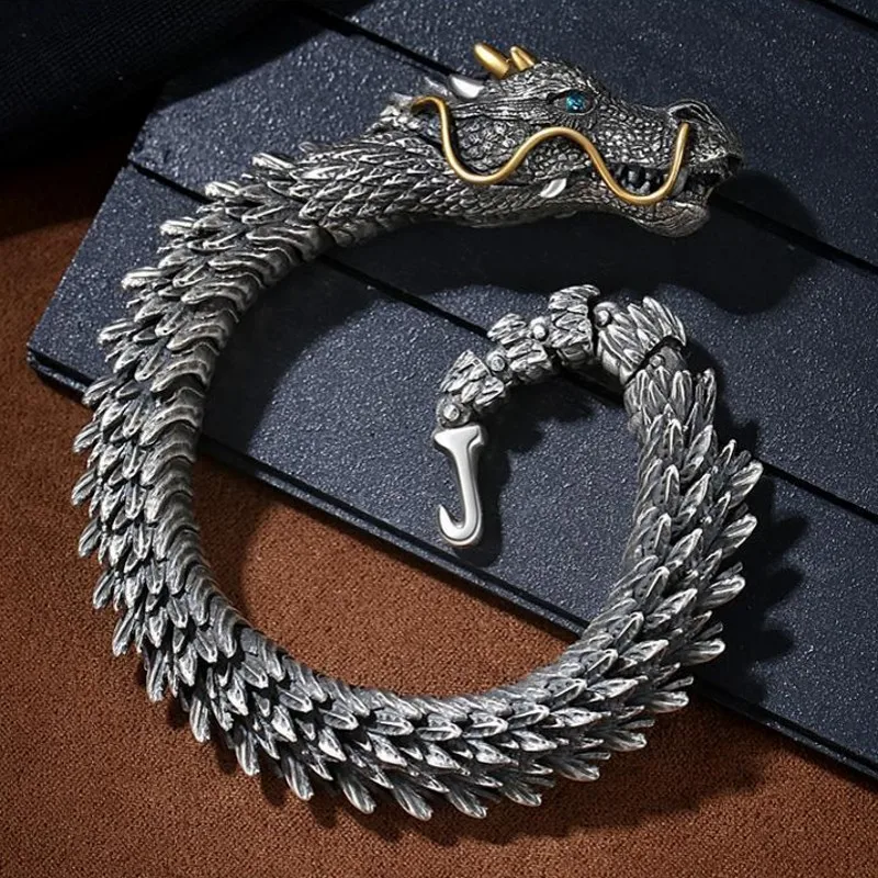 S925 Sterling Silver Vintage Personality Hegemony China-Chic Style Men's Dragon Scale Dragon Head Bracelet