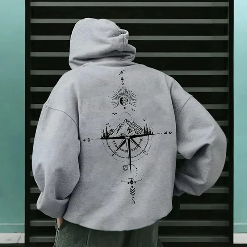 American Retro Compass Pattern Men's Casual Loose Hooded Sweatshirt - Couple's Daily Casual Sports Breathable Top